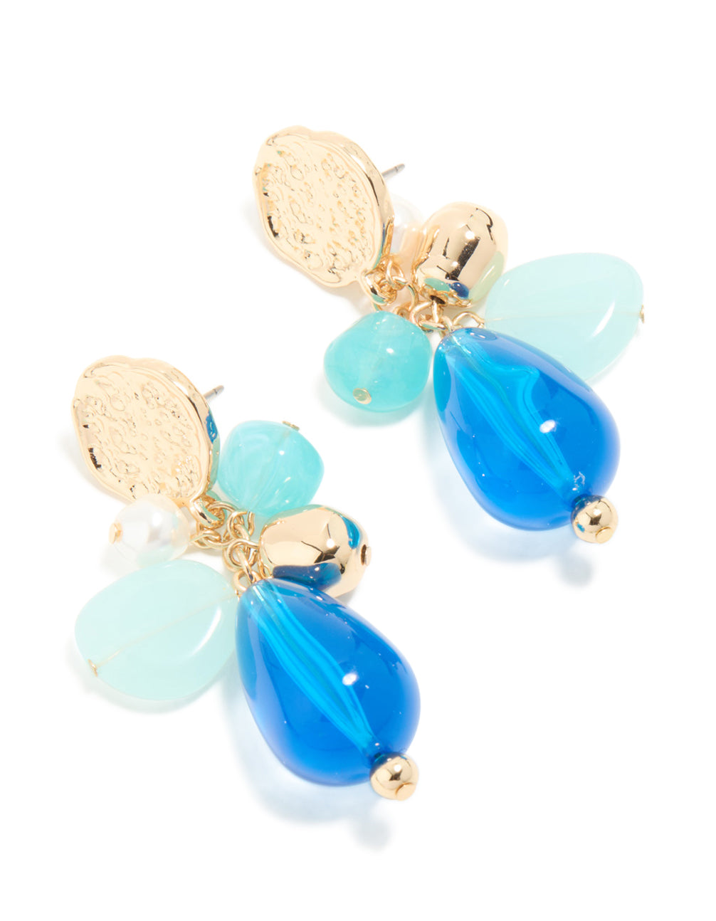 Crafted from gold textured and blue beaded drop earrings with charms featuring statement style front view