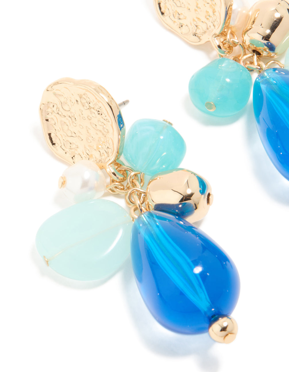 Designed with gold textured and blue beaded drop earrings featuring coin in statement style close up view