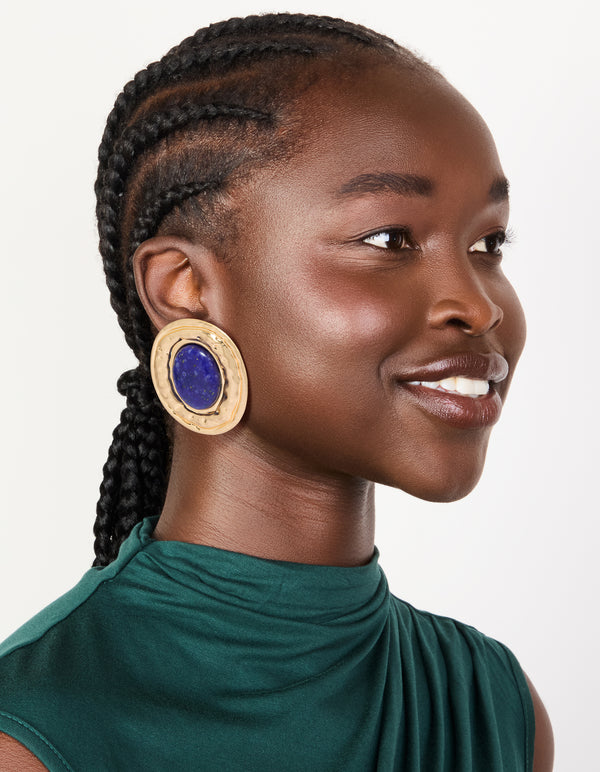 Worn Gold Round Hammered Dark Blue Acrylic Stud Earrings