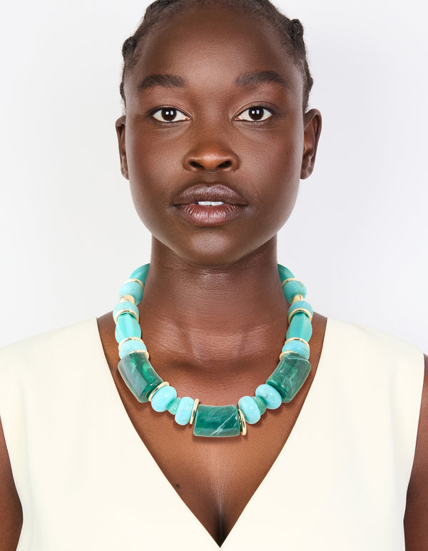 Aqua & Turquoise Acrylic Beaded Square & Round Chunky Necklace