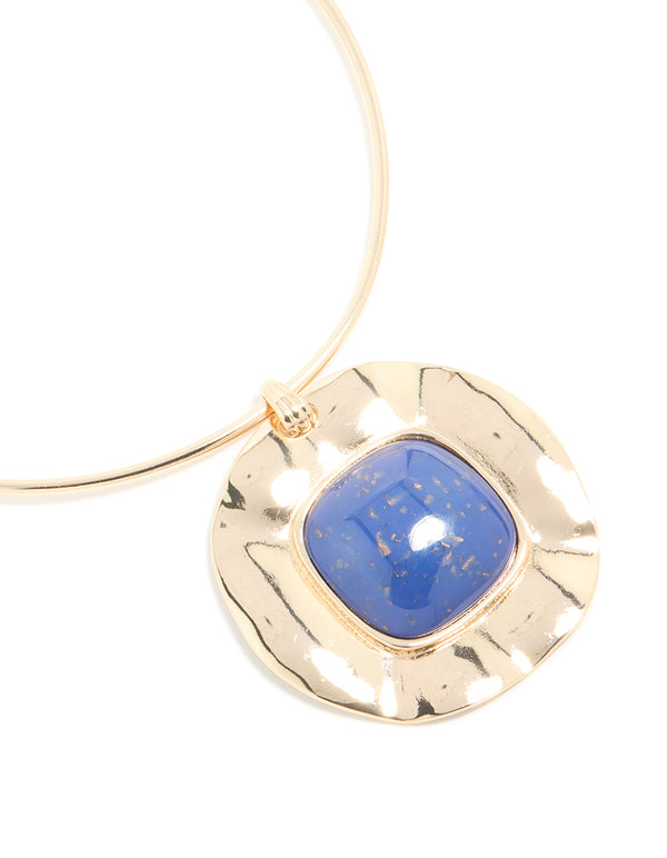Gold Dark Blue Speckled Resin Large Pendant Choker Torque Necklace