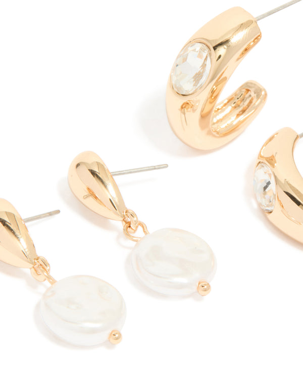 Gold Twisted & Pearl Stud Earrings 3-Pack