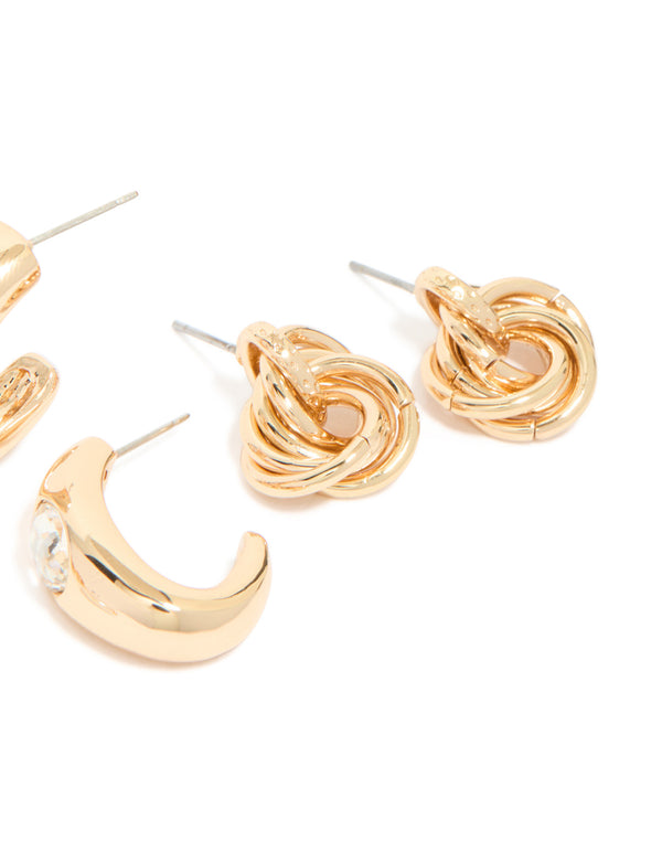 Gold Twisted & Pearl Stud Earrings 3-Pack
