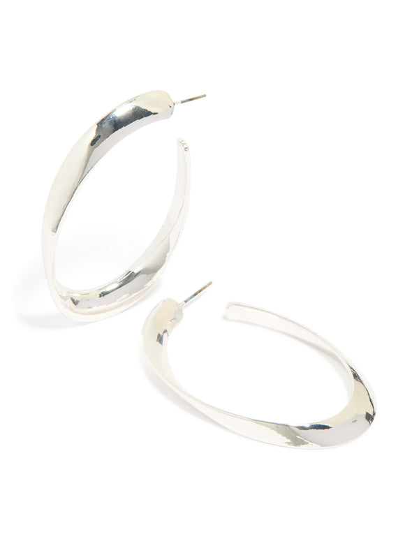 Silver Curved Long Hoop Earrings