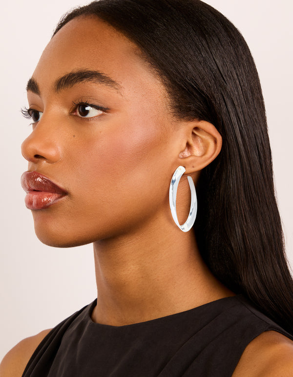 Silver Curved Long Hoop Earrings