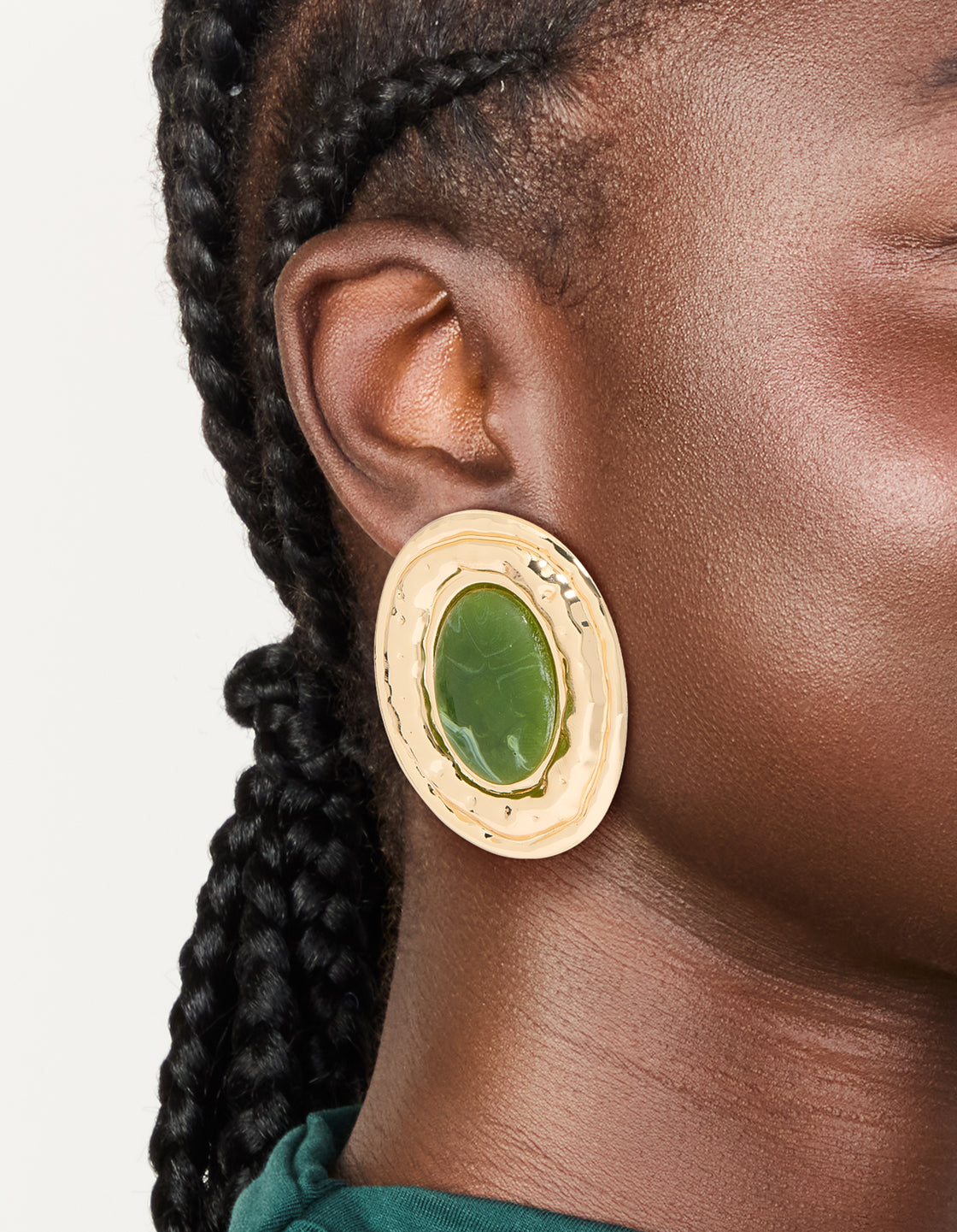 Gold Dark Green Enamel Statement Round Earrings