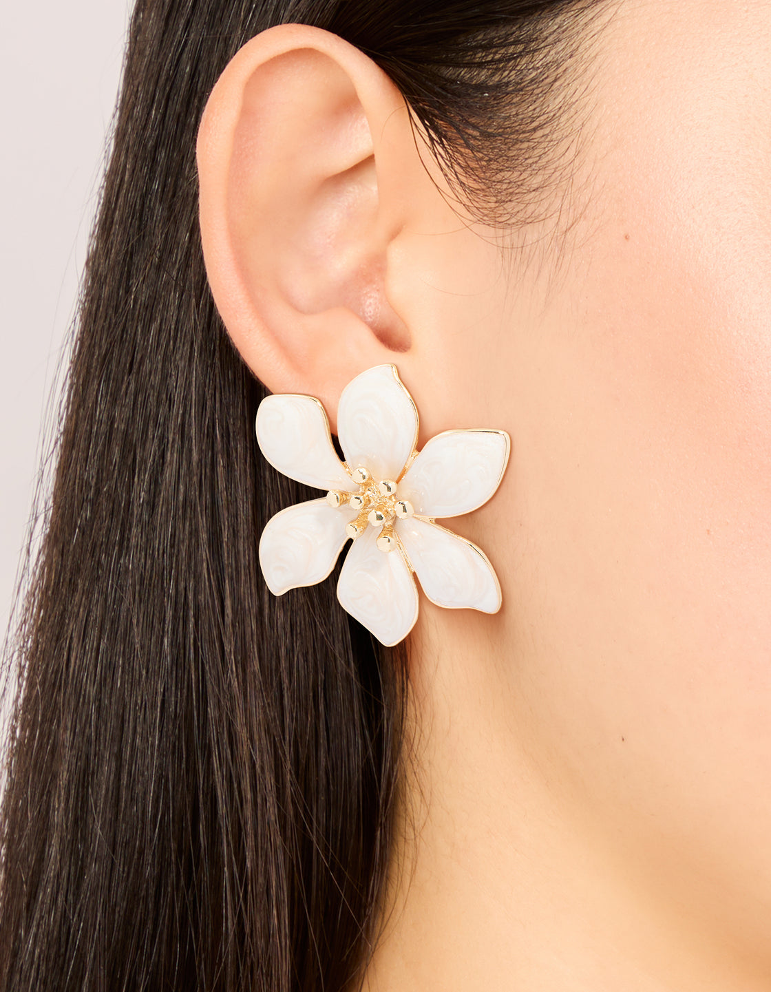 Gold Cream Enamel Swirl Statement Flower Stud Earrings