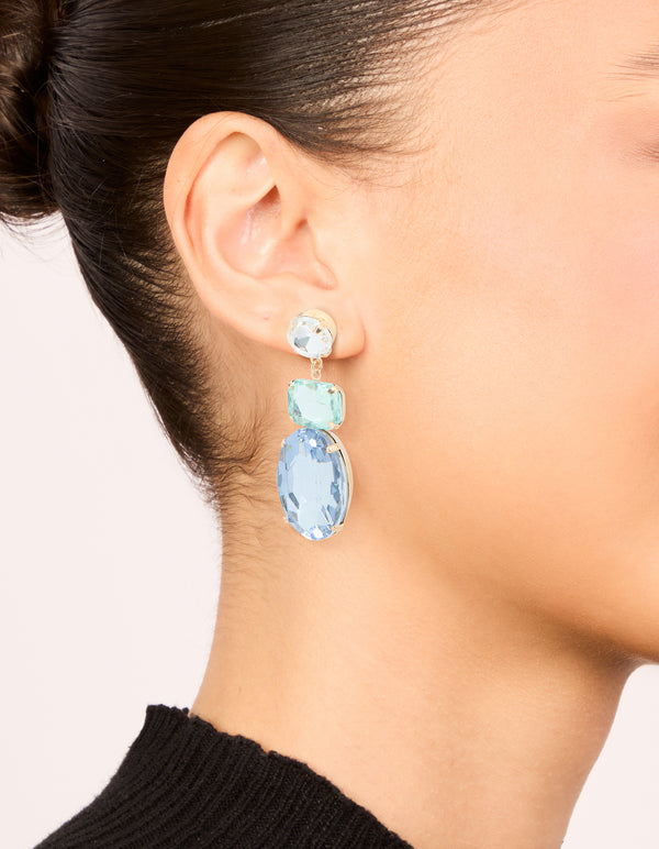 Gold Blue Diamantes Statement Drop Earrings