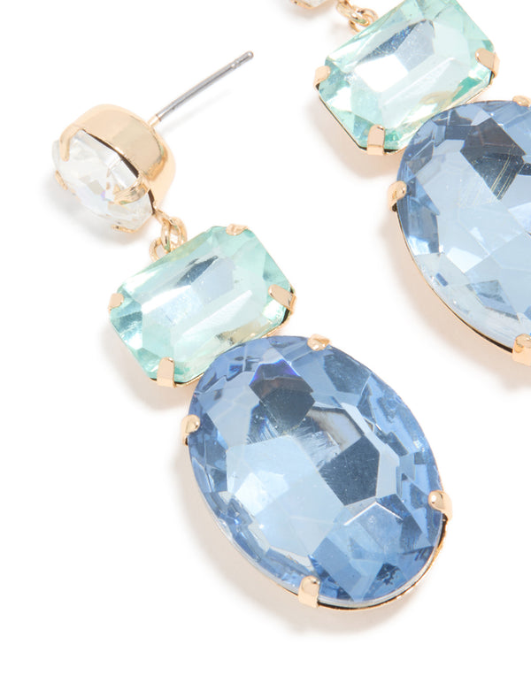 Gold Blue Diamantes Statement Drop Earrings