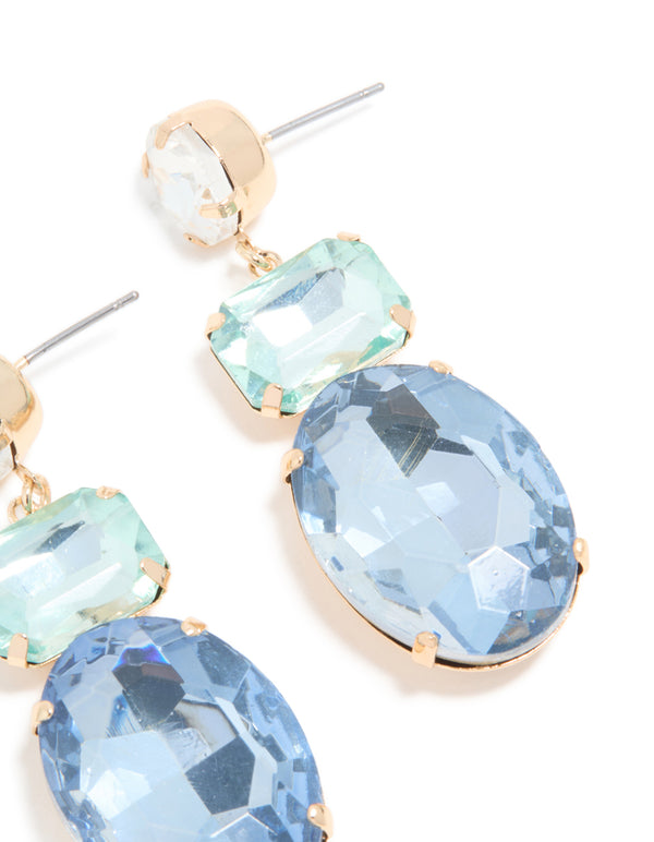 Gold Blue Diamantes Statement Drop Earrings