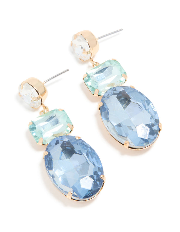 Gold Blue Diamantes Statement Drop Earrings