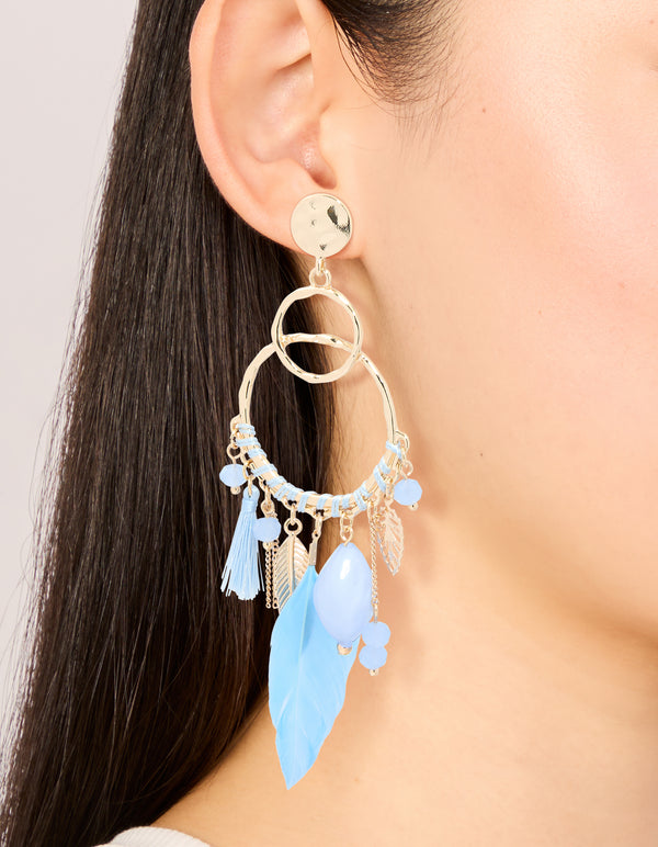 Gold Blue Beaded Leaf & Feathers Boho Earrings