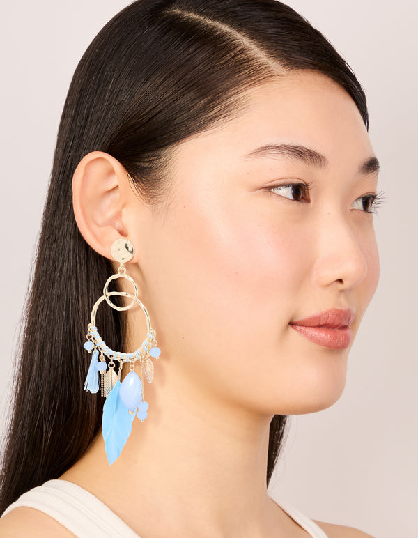 Gold Blue Beaded Leaf & Feathers Boho Earrings