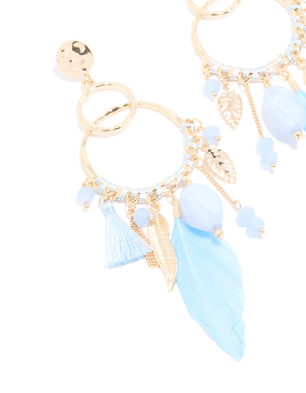 Gold Blue Beaded Leaf & Feathers Boho Earrings