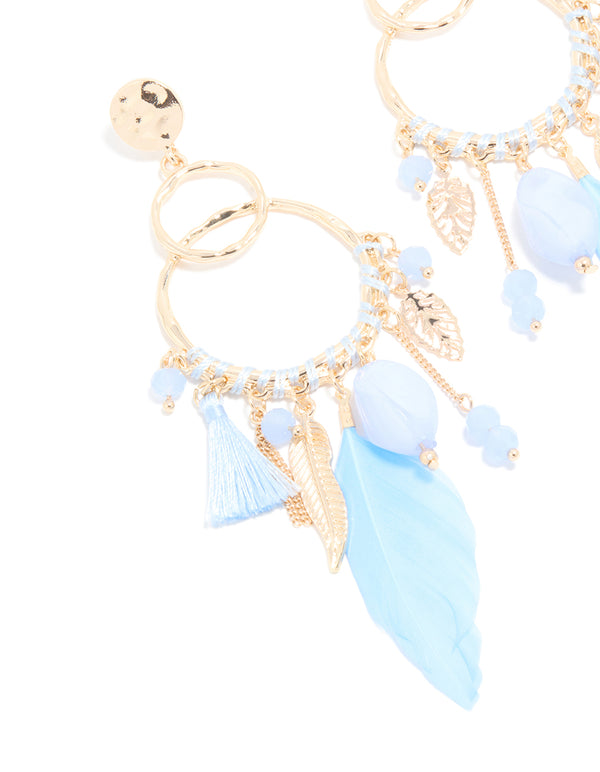 Gold Blue Beaded Leaf & Feathers Boho Earrings