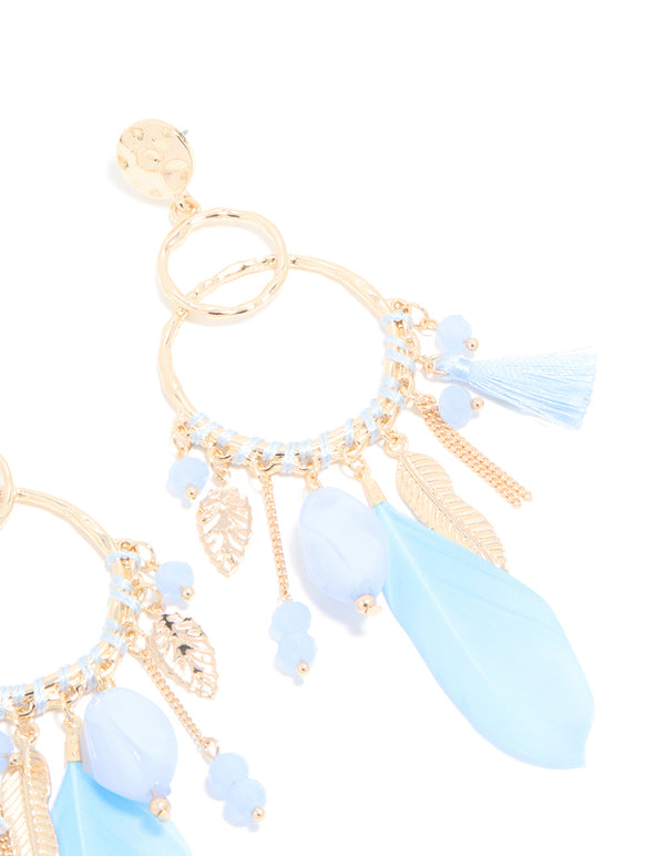 Gold Blue Beaded Leaf & Feathers Boho Earrings