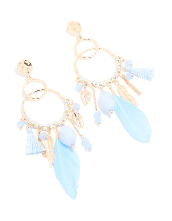 Gold Blue Beaded Leaf & Feathers Boho Earrings