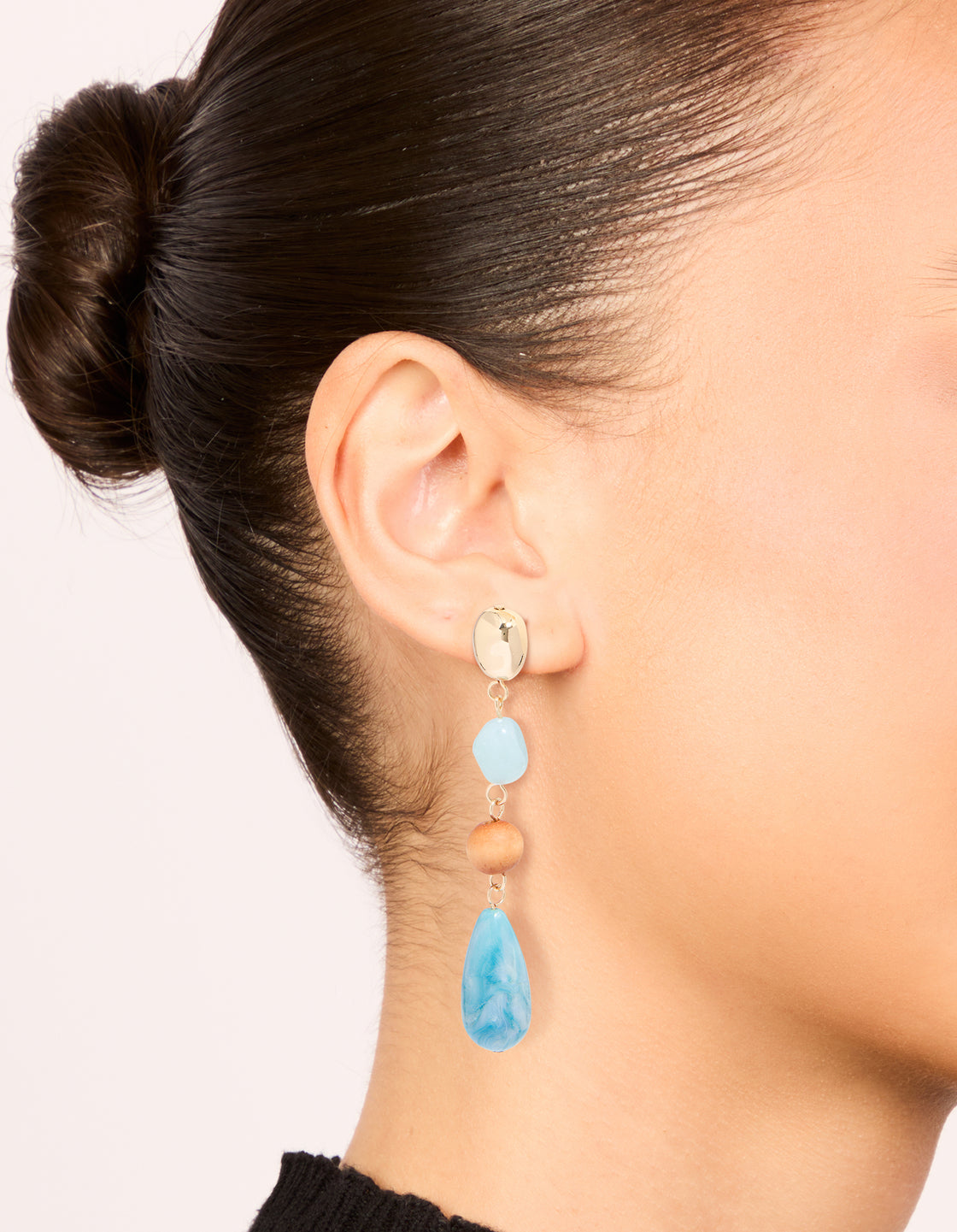Gold Blue Beaded & Wood Organic Drop Earrings