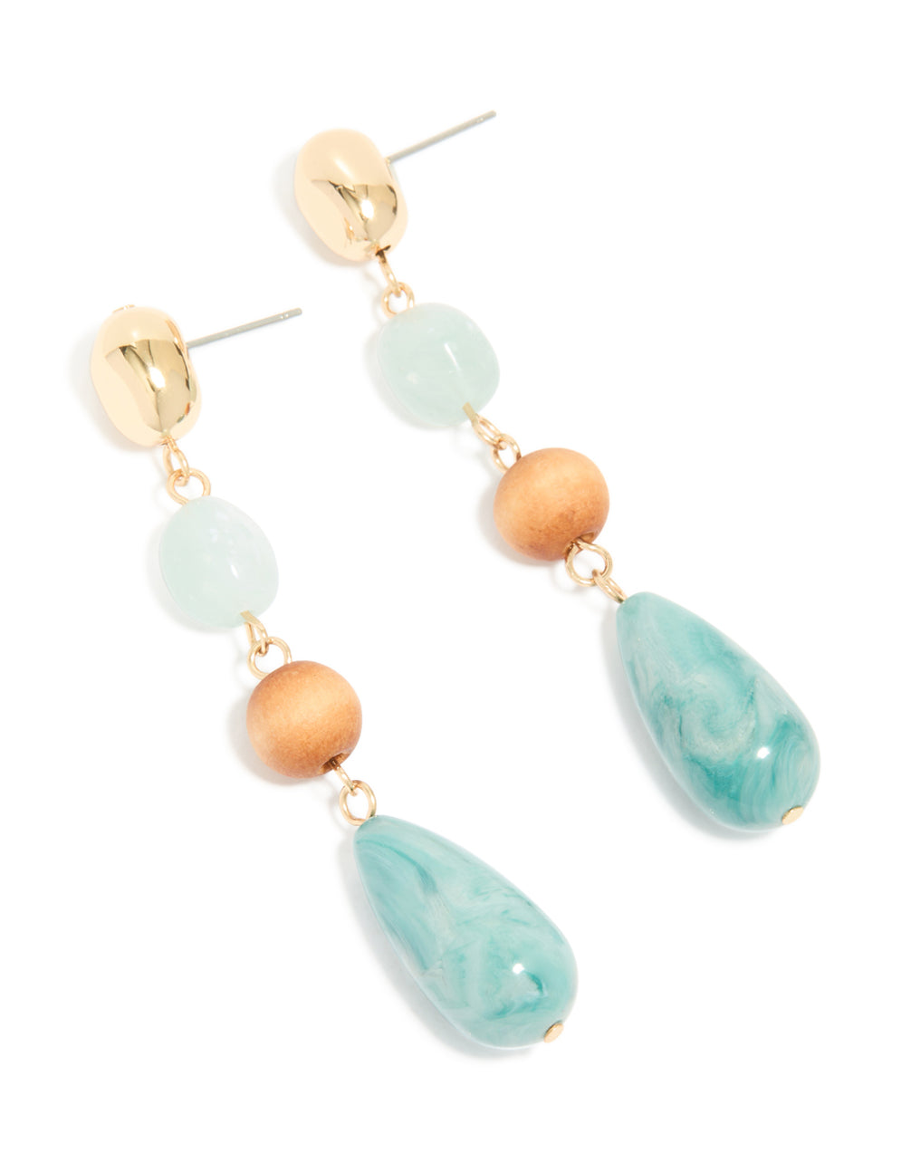 Gold Blue Beaded & Wood Organic Drop Earrings