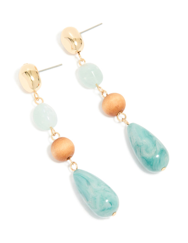 Gold Blue Beaded & Wood Organic Drop Earrings