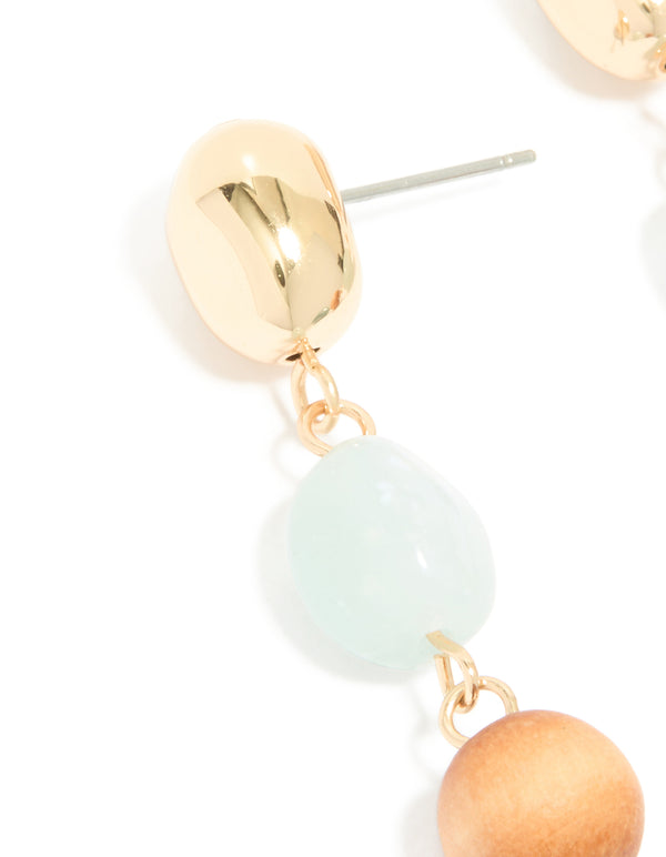 Gold Blue Beaded & Wood Organic Drop Earrings