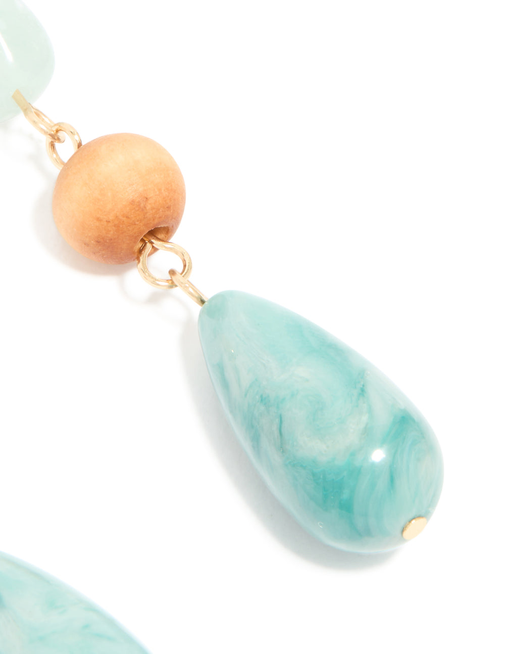 Gold Blue Beaded & Wood Organic Drop Earrings
