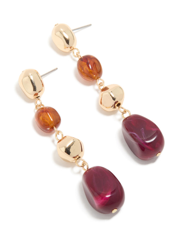 Gold Brown & Dark Pink Beaded Organic Drop Earrings