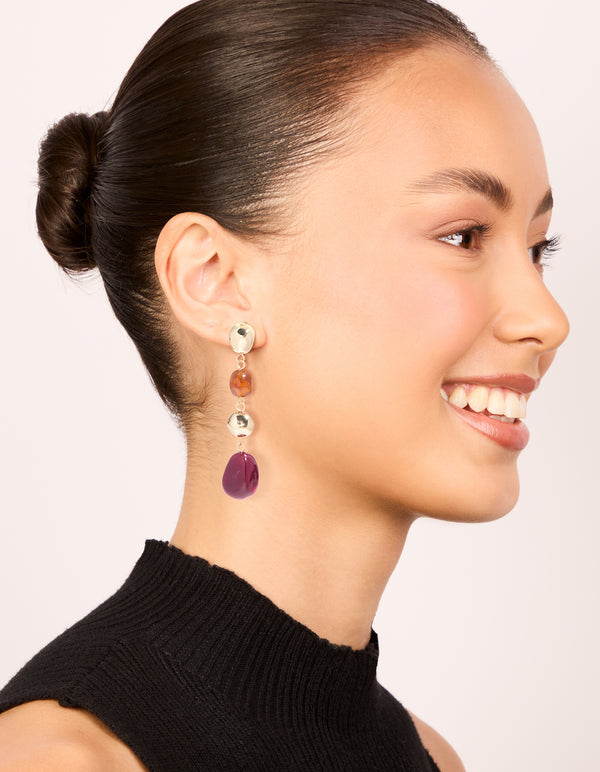 Gold Brown & Dark Pink Beaded Organic Drop Earrings