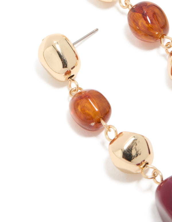 Gold Brown & Dark Pink Beaded Organic Drop Earrings