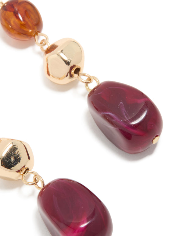 Gold Brown & Dark Pink Beaded Organic Drop Earrings