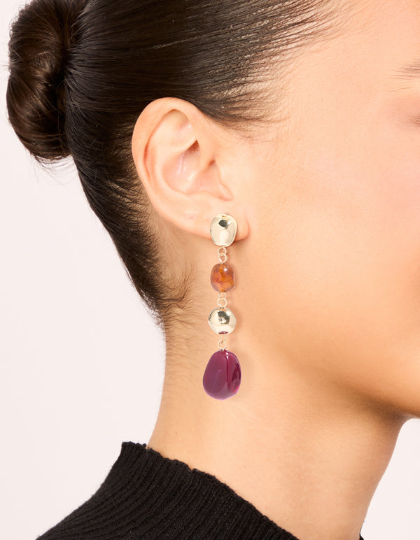 Gold Brown & Dark Pink Beaded Organic Drop Earrings