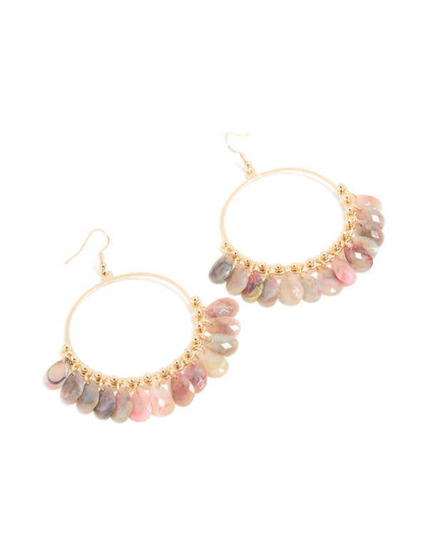 Gold Pink & Grey Multi Beaded Circle Drop Earrings