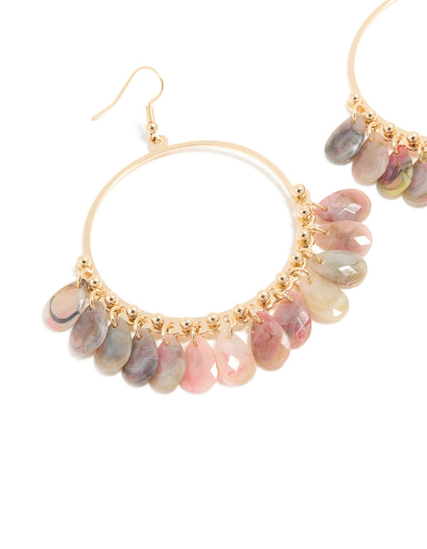 Gold Pink & Grey Multi Beaded Circle Drop Earrings