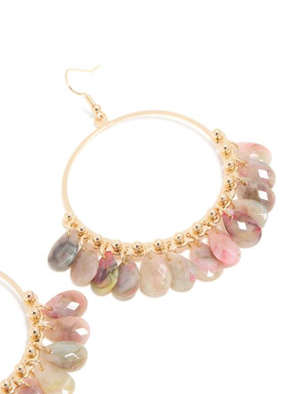 Gold Pink & Grey Multi Beaded Circle Drop Earrings