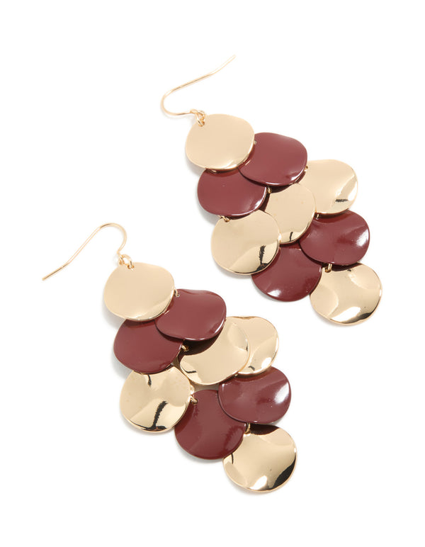 Gold & Burgundy Layered Disc Drop Earrings