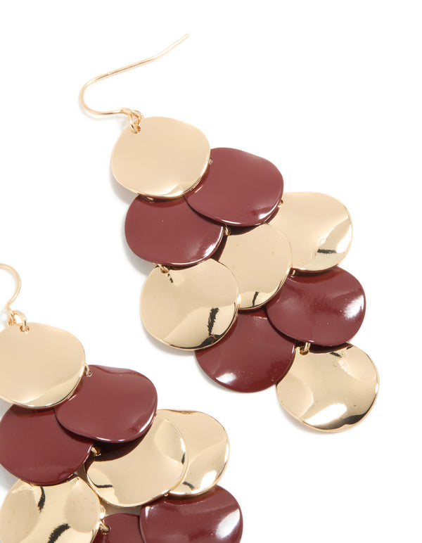 Gold & Burgundy Layered Disc Drop Earrings