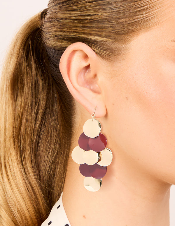 Gold & Burgundy Layered Disc Drop Earrings