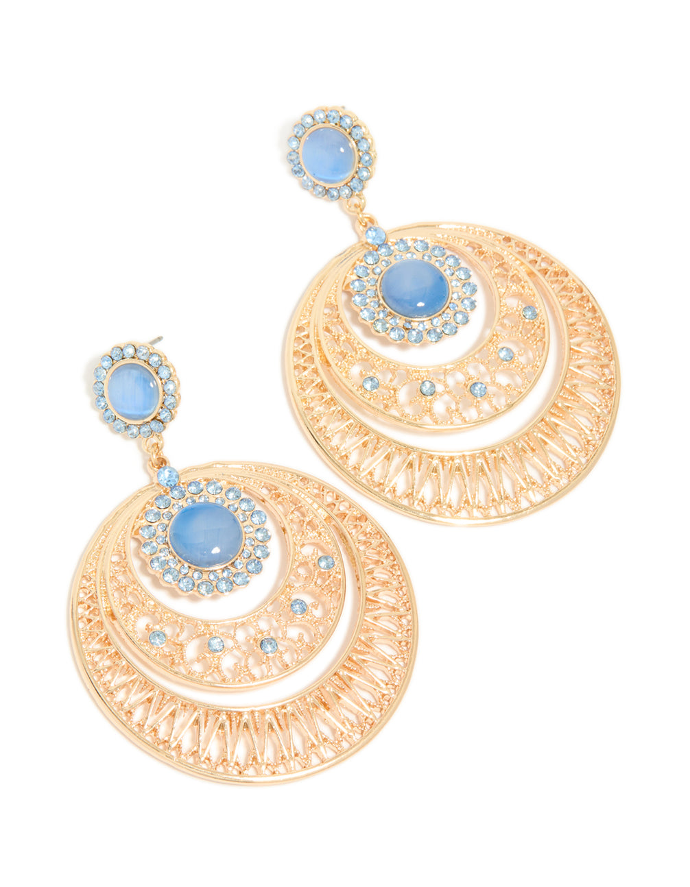 Gold Light Blue Stone & Diamante Detailed Boho Drop Earrings