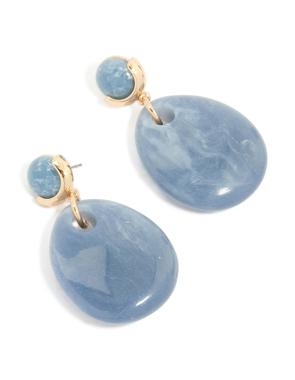 Gold Blue Beaded Teardrop Drop Earrings