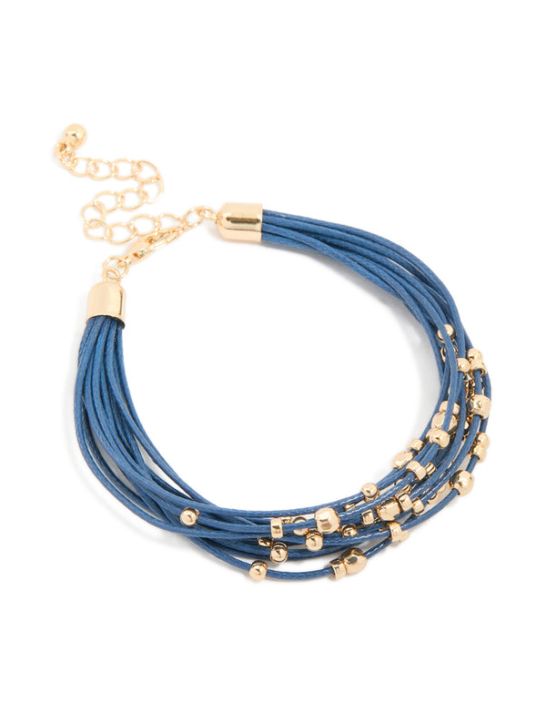 Blue Cord & Gold Beaded Layered Bracelet