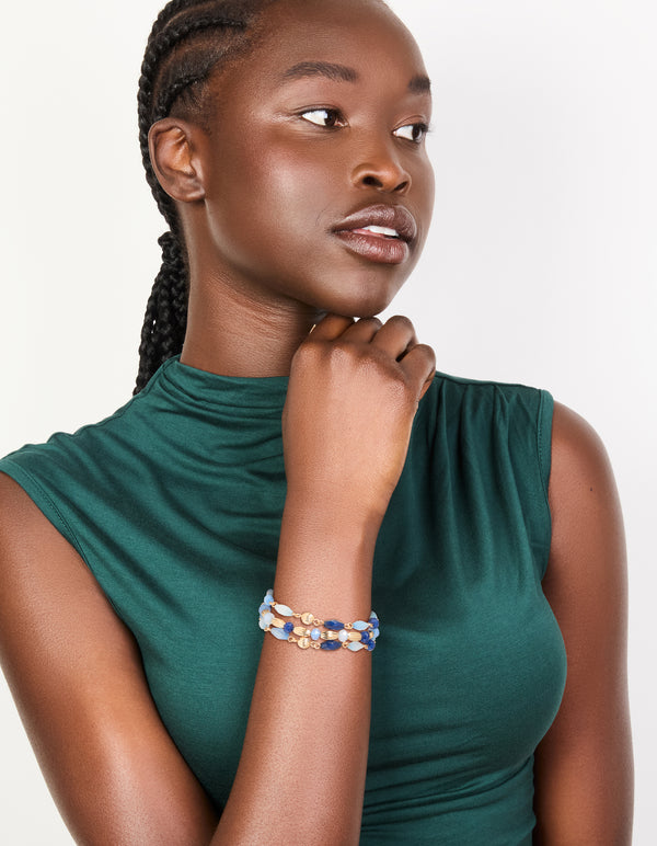 Gold Light & Dark Beaded Triple Layered Toggle Bracelet