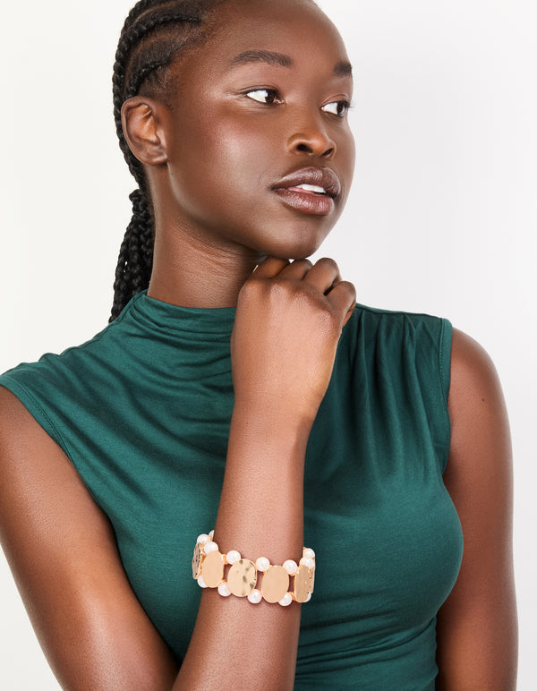 Gold Pearl & Disc Stretch Bracelet