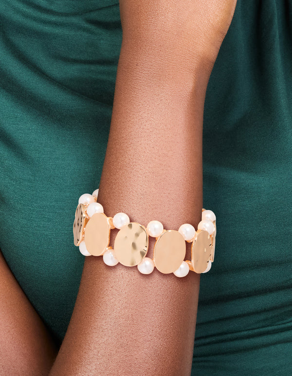 Gold Pearl & Disc Stretch Bracelet