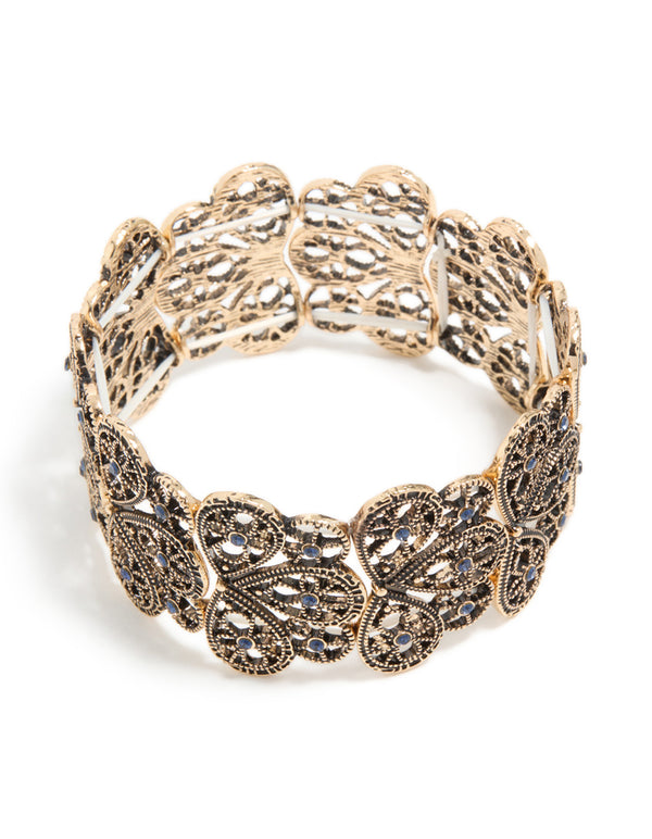 Antique Gold Light Blue Floral Filigree Stretch Bracelet