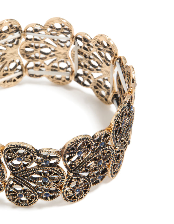 Antique Gold Light Blue Floral Filigree Stretch Bracelet