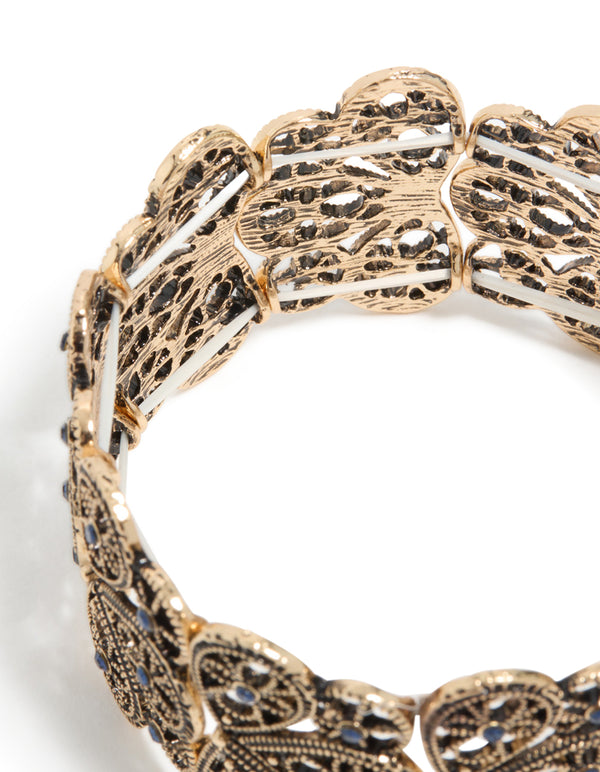Antique Gold Light Blue Floral Filigree Stretch Bracelet