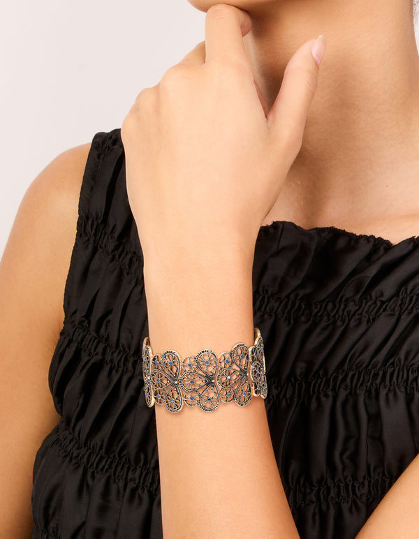 Antique Gold Light Blue Floral Filigree Stretch Bracelet