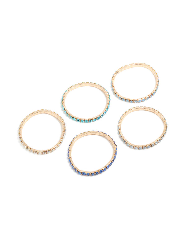 Gold Blue Diamante Cup Chain Stretch Bracelets 5-Pack