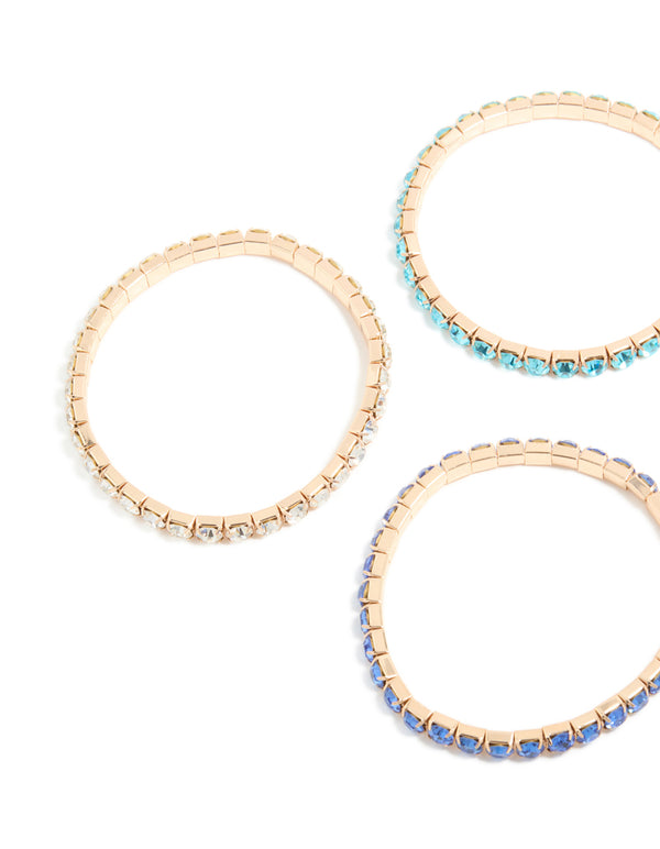 Gold Blue Diamante Cup Chain Stretch Bracelets 5-Pack