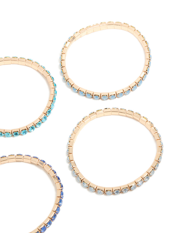 Gold Blue Diamante Cup Chain Stretch Bracelets 5-Pack